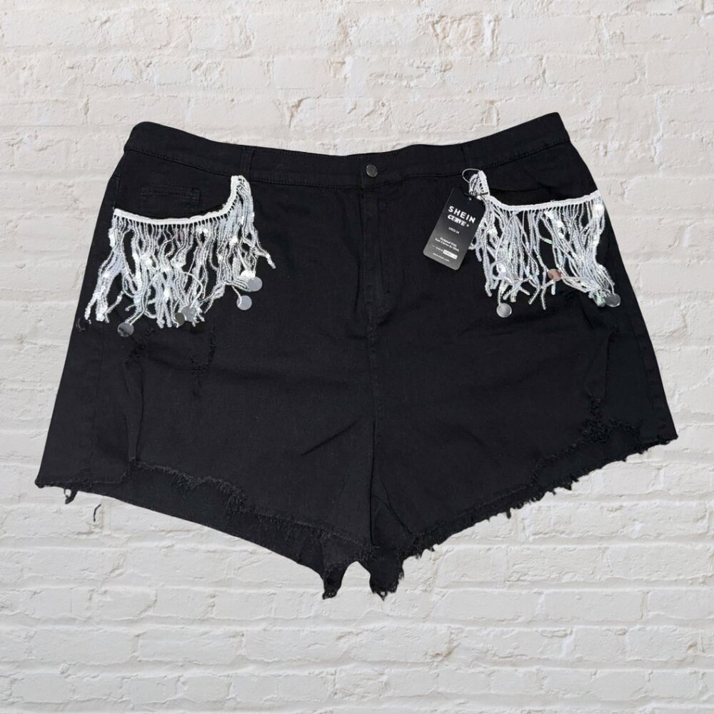 Sequin Fringe Raw Hem Soft Denim Shorts (FIT LIKE 4X) NWT